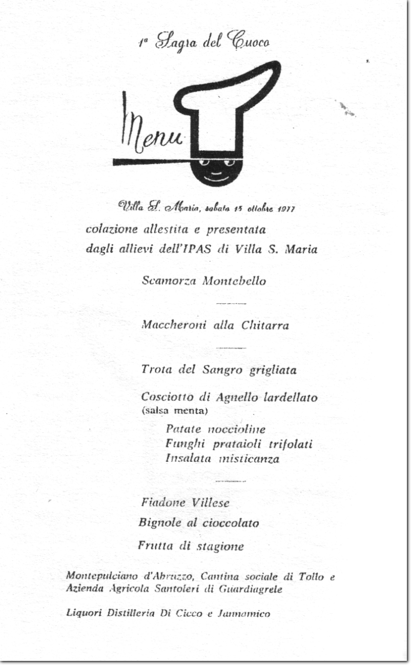 Il primo menu della Sagra del Cuoco di Villa Santa Maria 1977 (tratto da L'ABRUZZO A TAVOLA di Antonio Stanziani - Adelmo Polla Editore)